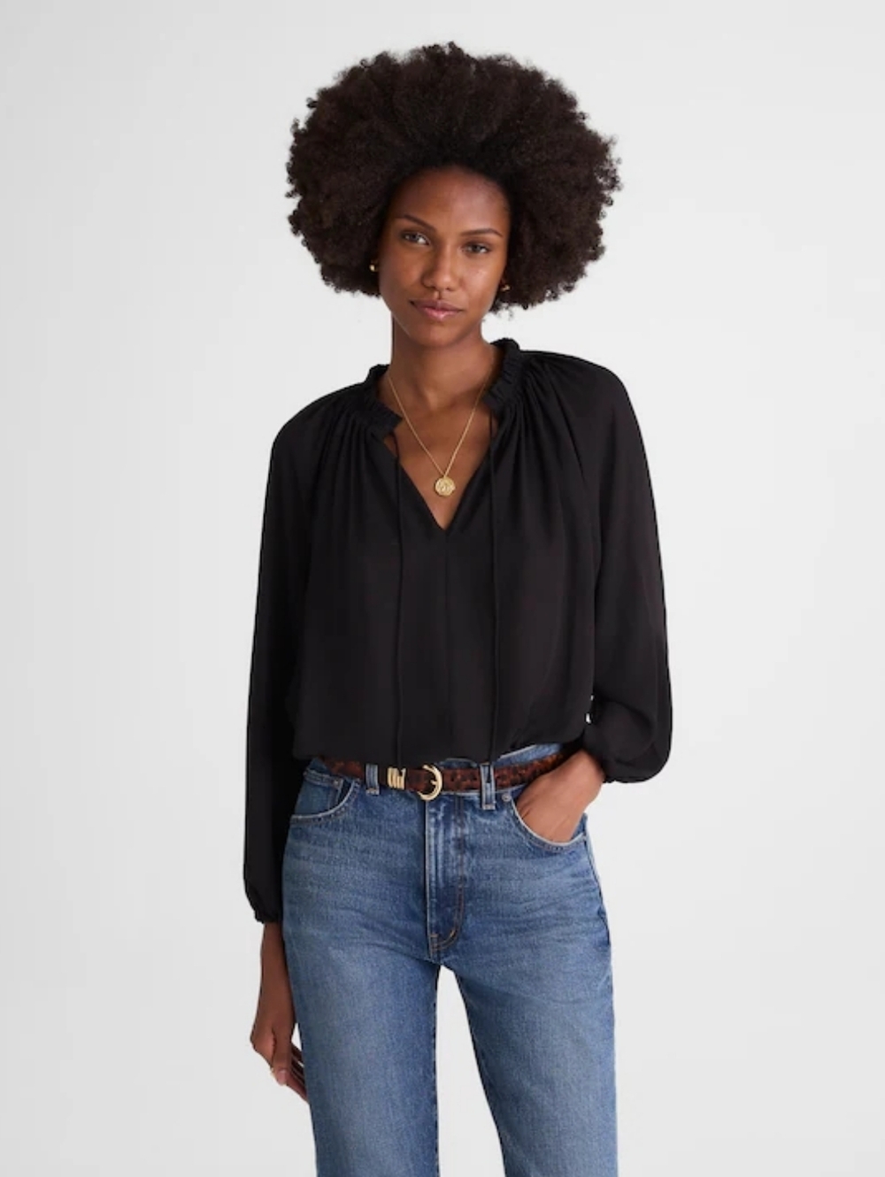 Long-Sleeve Tie-Neck Top In Jet Black